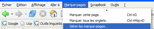 Marque-pages -> Gérer les marque-pages