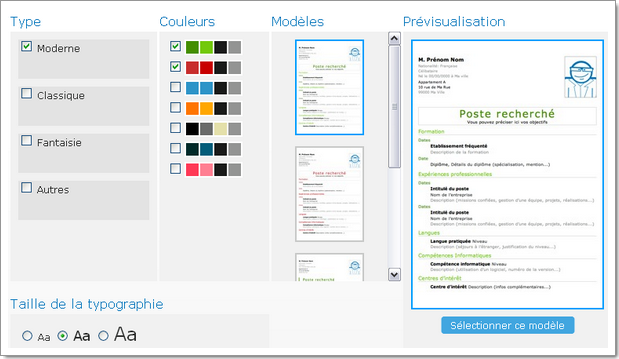 Création d'un nouveau CV : choix du modèle et des couleurs