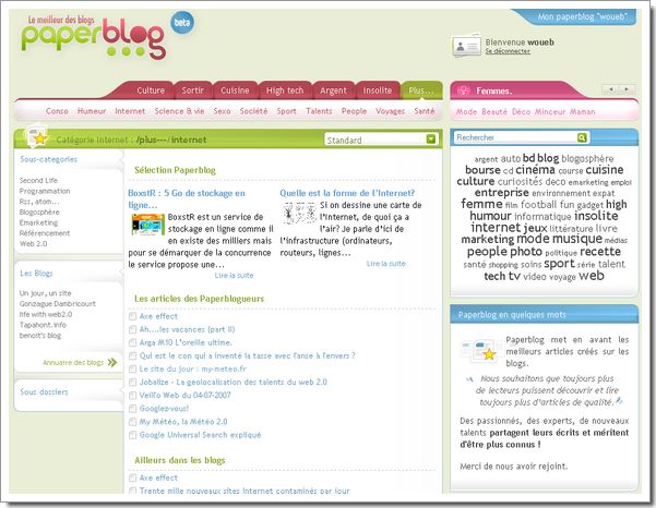 Interface thématique de Paperblog