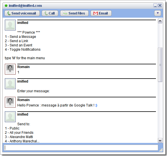 Accèdez à Pownce à partir de votre messagerie instantanée grâce à Imified : ici l'essai avec Google Talk