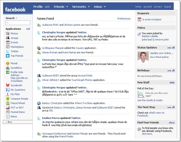 Facebook home page : fonctionnalité News Feed qui vous renseigne sur tous vos contacts