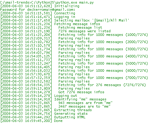 Résultat d'exécution du script de statistiques pour Gmail