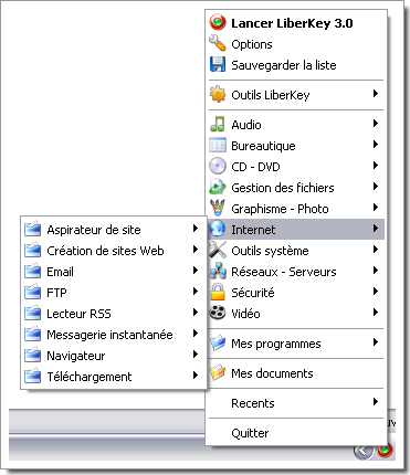 Liberkey : menu contextuel pour la sélection d'applications