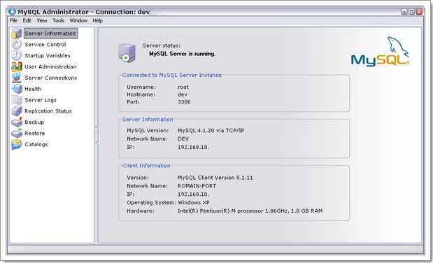MySQL Administrator : écran d'accueil, informations récapitulatives