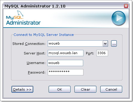 MySQL Administrator : écran de connexion, sélection de l'instance MySQL