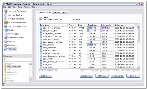 MySQL Administrator : détails d'une table