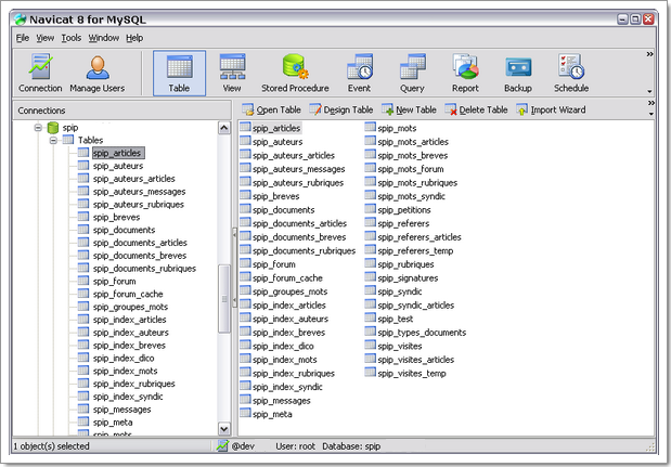 Navicat for MySQL : vue d'une table