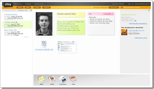 Mon dashboard sur Stixy : notes, images, documents, collaboration